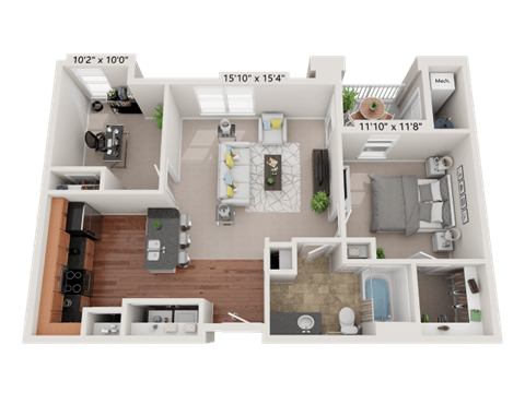 Floor plan for 1 bed, 1 bath, 913 sqft